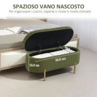 HOMCOM Panca Contenitore Ovale da 72L con Coperchio Sollevabile, in Tessuto Effetto Velluto e Legno, 108x44x43.5 cm, Verde(m-6)