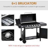 Outsunny Barbecue a Gas con Coperchio, 7 Bruciatori da 20kW, Fornello Laterale e 2 Ruote, 135x50x100cm Nero(m-5)