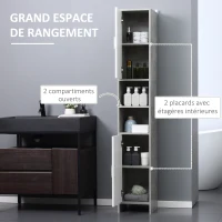 kleankin Meuble Colonne Rangement Salle de Bain dim. 30L x 30l x 180H cm 2 placards avec étagère + 2 niches Panneaux Particules Aspect Ciment Blanc(m-4)