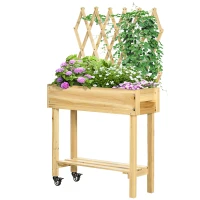 Outsunny Huerto Urbano Elevado de Madera con Celosía para Enredaderas y Ruedas para Plantas Flores 79x29x130 cm Natural(m-10)