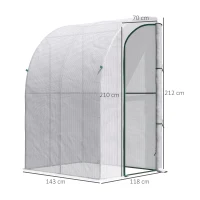 Outsunny Outdoor Walk-In Lean to Wall Greenhouse with Zippered Roll Up Door and PE Cover, 143L x 118W x 212Hcm, White(m-3)