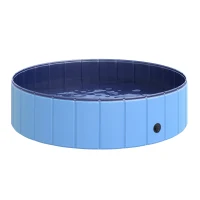 PawHut Hundebadewanne faltbar Badewanne Hundepool Plantschbecken Swimmingpool Wasserbecken für Hunde und Katzen Schwimmbecken Kunststoff+Holz Blau Ø120 x H30 cm(m-1)