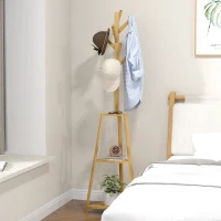 HOMCOM Portemanteau sur pied en bois bambou portant à vêtements 8 patères 3 étagères 46 x 46 x 175 cm naturel(m-6)