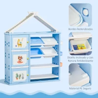 HOMCOM Estantería Infantil de Juguetes con Armario Estantes 4 Cajas y 3 Cestas Organizador de Almacenaje para Habitación de Niños Sala Juegos 128x34x155 cm Azul(m-5)