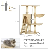 PawHut Árbol para gatos Rascador 55x30x95 cm con Nido Plataforma Caseta Escalera Cuerda de Juego Tablero de Madera y Cubierto de Felpa Marrón(m-3)