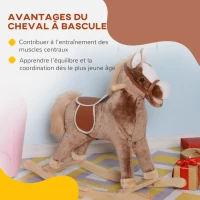HOMCOM Cheval à Bascule Cheval de Cowboy Selle Grand Confort pour Enfants de 36+Mois Peluche Courte Douce Bois peuplier Charge 40 Kg Brun Blanc(m-6)
