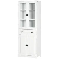 HOMCOM Alacena de Cocina con 2 Puertas de Vidrio 2 Estantes Ajustables y Cajón para Salón Comedor 60x30x160 cm Blanco(m-10)