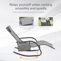 Outsunny Outdoor Garden Rocking Chair, Patio Sun Lounger Rocker Chair with Breathable Mesh Fabric, Removable Headrest Pillow, Armrest, Side Storage Bag, Grey(m-7)