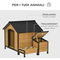 PawHut Cuccia per Cani Taglia Media con 2 Porta Ciotole, Box Esterno e Tetto in Bitume, 130x93x92cm(m-4)