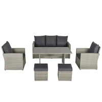 Outsunny Poly Rattan Sitzgruppe 6 tlg. Garten Essgruppe Sofa-Set Sofa Lounge Hocker Hof Balkon Pool PE Rattan Grau(m-1)