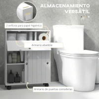 kleankin Armario de Baño Mueble Auxiliar con 4 Ruedas 2 Agujeros para Papel 2 Armarios y Estantes Ajustables 52x17x67 cm Blanco(m-4)