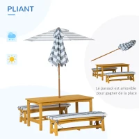 Outsunny Ensemble salon de jardin enfant 4 pièces style pique-nique - 2 bancs, table, parasol - sapin lasuré miel polyester gris blanc rayé(m-4)