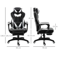 Vinsetto Silla Gaming Ergonómica Silla de Escritorio de Oficina Regulable en Altura Reclinable Respaldo con Reposapiés Reposacabezas Cojín Lumbar Ruedas 65x70x118,5-128,5 cm Blanco(m-3)