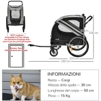 PawHut Rimorchio Cani con Ingresso a Cerniera, Ruote e Bandiera, in Acciaio e tessuto Oxford, Grigio Nero Argento(m-3)
