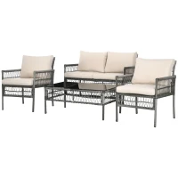 Outsunny Ensemble salon de jardin 4 pièces canapé 2 places 2 fauteuils 1 table basse avec 8 coussins métal résine aspect rotin(m-10)