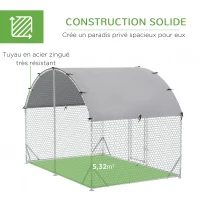 PawHut Grand enclos poulailler 5,32 ㎡ parc grillagé toit anti-UV porte verouillable 2,8 x 1,9 x 1,97 m argenté(m-6)