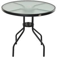 Outsunny Mesa de Jardín Redonda Mesa Comedor de Cristal Templado con Agujero para Sombrilla y Estructura Metálica para Patio Terraza Balcón Exterior Ø80x72 cm Negro(m-11)