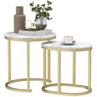 HOMCOM Set van 2 Salontafels, Ovale en ronde koffietafel, stapelbaar, met marmerlook, Staal, Ø50 x 50,5 cm, Wit