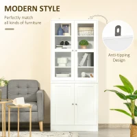 HOMCOM Modern Bookcase with Glass Doors, Display Storage Cabinet with Adjustable Shelves for Living Room, Study, Home Office, Kitchen Cupboard with Small Open Counter, White(m-4)