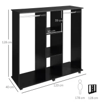 HOMCOM Armario Abierto con Ruedas 2 Barras y Estantes para tener Ropa Colgada y Doblada en el Dormitorio 120x40x128 cm Negro(m-3)