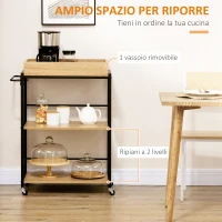 HOMCOM Carrello da Cucina a 3 Ripiani con Vassoio Rimovibile e Ruote Girevoli, 72x40x94cm, Legno e Nero(m-4)