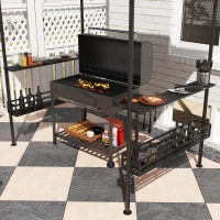 Outsunny 8' x 5' Grill Gazebo Canopy, Double Tiered Outdoor BBQ Gazebo Shelter with 2 Side Shelves, Storage Baskets, Hook for Garden, Patio, Barbecue, Picnic, Beige(m-7)