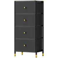 HOMCOM Cajonera de Tela con 4 Cajones Plegables con Frentes de PU y Marco de Acero Cajonera para Dormitorio Salón Negro(m-10)