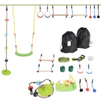 Outsunny Obstacle Course for Kids 46FT Slackline Kit with Rings Monkey Bars Fist Swing Climbing Rope Carry Bag Tree Protectors Training Equipment for Backyard(m-1)