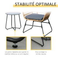 Outsunny Ensemble Bistro de Jardin 2 Places 3 pièces Style Exotique 2 fauteuils + Table Basse résine tressée Beige Acier époxy Gris(m-7)