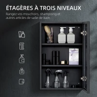 kleankin Armoire miroir de salle de bain armoire murale armoire à glace avec 1 porte et 2 étagères en acier 40 x 12 x 60 cm noir(m-4)
