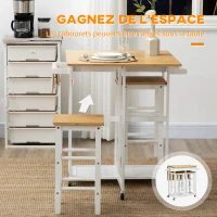 HOMCOM Ensemble table de bar pliable roulettes + 2 tabourets blanc et bois clair - 2 tiroirs et porte-torchons(m-7)