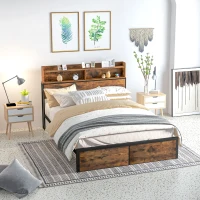 HOMCOM Industrial King Bed Frame, 5.2FT Steel Bed Base with Storage Headboard, Footboard, Slatted Support and Under Bed Storage, 158 x 222cm, Rustic Brown(m-2)