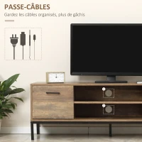 HOMCOM Meuble TV banc TV jusqu'à 50 pouces placard, 2 tiroirs et étagère - 2 passe-câbles - 132 x 39 x 45,5 cm marron noir(m-5)