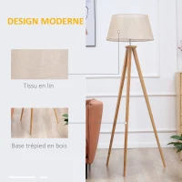 HOMCOM Lampadaire trépied pieds en bois et abat-jour aspect lin 40 W dim. 59L x 59l x 152H cm(m-4)