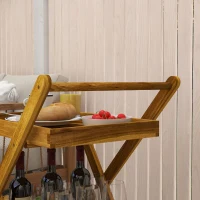 Outsunny Desserte de jardin chariot pour barbecue en bois avec 2 plateaux, 3 casiers à bouteilles et 2 roues bois naturel(m-7)