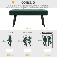 HOMCOM Taburete Pie de Cama Multifuncional con Pies de Acero y Asiento Acolchado para Entrada Pasillo 100x36x45 cm Verde(m-7)