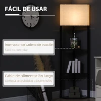 HOMCOM Lámpara de Pie con Estantes de Madera Pantalla de Tela e Interruptor de Cadena 50x37x159 cm Negro y Beige(m-6)