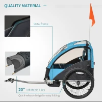 HOMCOM Child Bike Trailer Foldable 2-Seat Baby Transport Carrier with Storage Bag Five-point Safety Harness Hitch Coupler Blue(m-5)