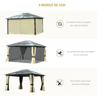 Outsunny Cenador de Jardín 4,2x3,6 m de Aluminio Pabellón de Exterior con Techo de Policarbonato 4 Cortinas Laterales y 4 Mosquiteras con Cremallera Gazebo para Fiestas Eventos Marrón(m-5)