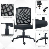 HOMCOM Fauteuil de bureau avec accoudoirs hauteur réglable pivotante 360 ° roulettes revêtement maille, noir(m-6)