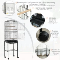 PawHut Bird Cage Budgie Cages for Finch Canary Parakeet with Stand Wheels Slide-out Tray Accessories Storage Shelf, Black 46.5 x 36 x 157 cm(m-5)