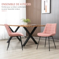 HOMCOM Lot de 4 chaises de salle à manger en tissu aspect velours capitonné et piètement métal noir 50 x 61 x 79 cm rose(m-4)
