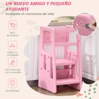 HOMCOM Torre de Aprendizaje para Niños Taburete Infantil con Altura Ajustable en 3 Posiciones para Cocina Baño 47x47x90 cm Rosa(m-7)