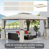 Outsunny Toile de rechange pour pavillon tonnelle tente polyester haute densité 4 rideaux 4 moustiquaires 389 x 290 cm beige(m-2)