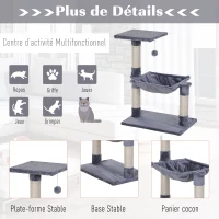 PawHut Arbre à chat 3 griffoirs grattoirs sisal naturel plateforme hamac et boule suspendue dim. 50L x 36l x 70H cm peluche courte gris(m-5)