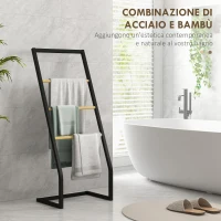 HOMCOM Portasciugamani a 4 Sbarre in Acciaio e Bambù, 40.5x28x98cm, Nero e color Legno(m-4)
