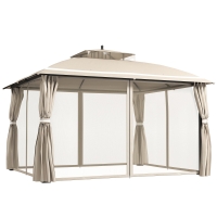 Outsunny Gazebo da Giardino 3.7 x 3 m con Zanzariera, Tende Laterali e Doppio Tetto, Beige