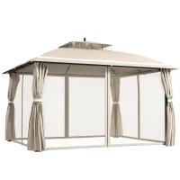 Outsunny Gazebo da Giardino 3.7 x 3 m con Zanzariera, Tende Laterali e Doppio Tetto, Beige(m-1)