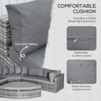 Outsunny 6 Pieces Outdoor PE Rattan Wicker Sofa Set with 10cm Thick Padded Cushionsand Half Round Patio Conversation Furniture Set with Angled Corner Designand Ottomansand and Back Pillows, Grey(m-5)