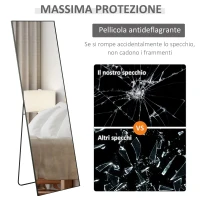 HOMCOM Specchio Verticale da Parete o da Terra in Metallo e Lega di Alluminio, 50x2x161.5 cm, Nero(m-7)